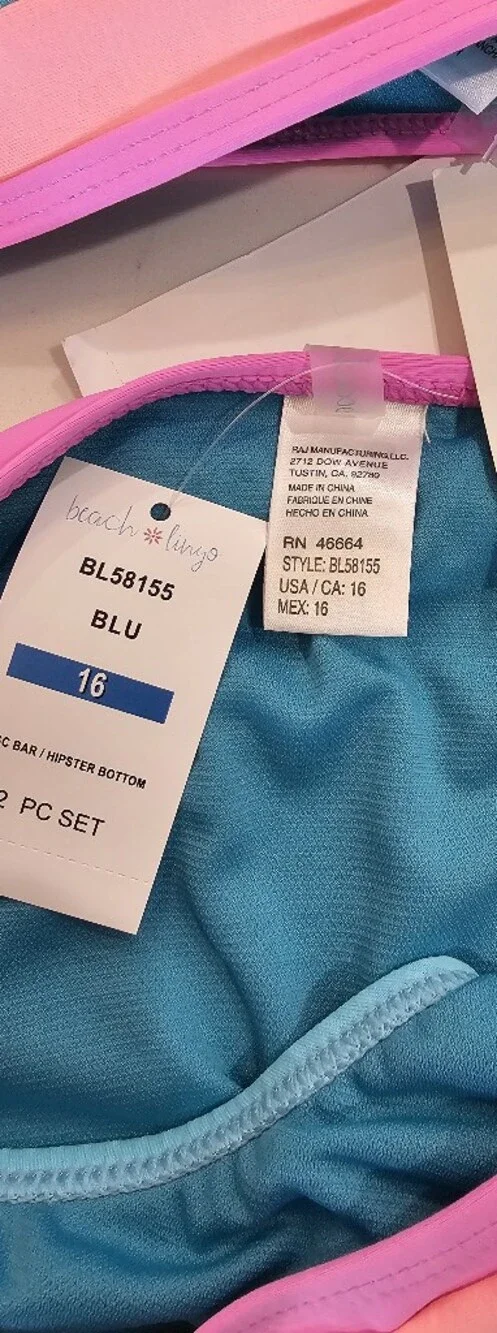 Girls' Aqua Blue Ribbed Two-Piece Bikini with Pink Trim Swimsuit Size 16 NWT